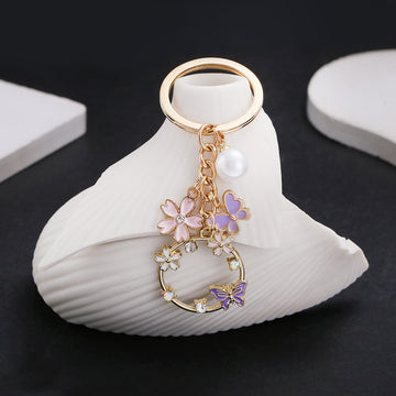 Pink Purple Openwork Butterfly Flower and Pearl Charm Keychain