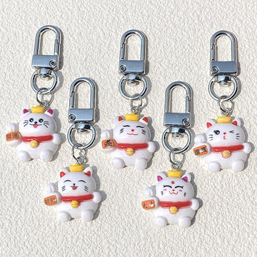 White Fortune Cat Resin Clip Keychains in Five Designs