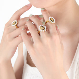 Pearl Halo Open Ring Black Enamel Gold Flower Motif