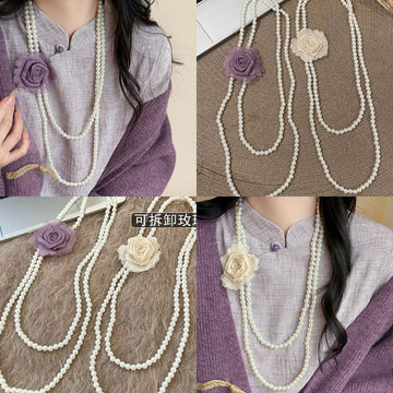 White Fabric Flower Layered Faux Pearl Long Necklace