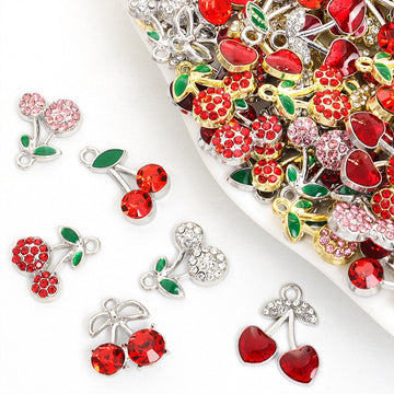Enamel-Look And Crystal-Accented Gold Silver Cherry Alloy Charms in 12 Styles