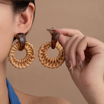Brown and Cream Woven Ring Statement Dangle Earrings