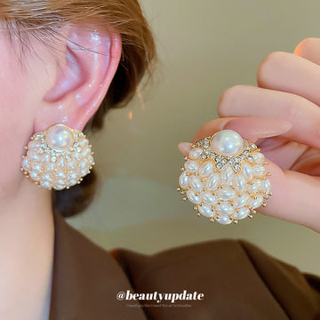 Gold Tone Cluster Flower Stud Earrings With Round Beaded Petals