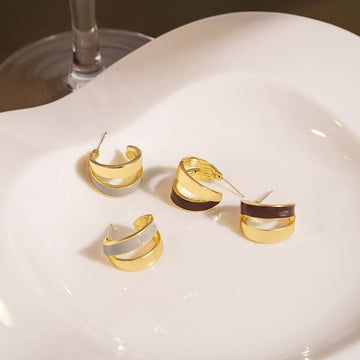 Gold Double Twist Enamel Hoop Stud Earrings Two Colors