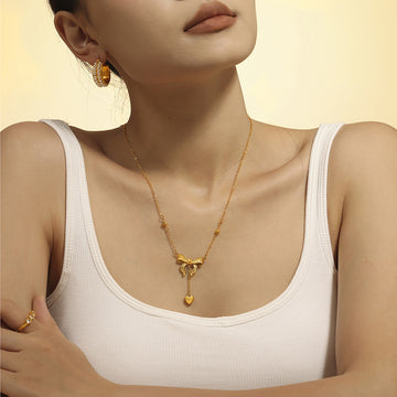 Gold Textured Bow Heart Drop Pendant Chain Necklace