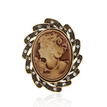 Black Gold Tone Woman Portrait Two Designs Metal Brooch Pin