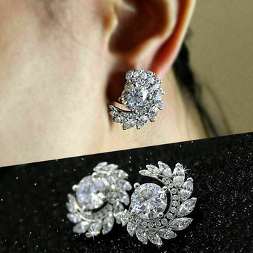 Silver Tone Floral Leaf Crystal Crescent Earrings Fashion Jewelry