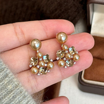 Brown Crystal Cluster and Pearl Look Stud Earrings