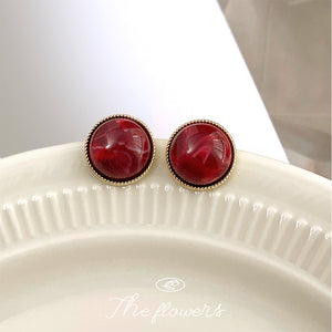 Deep Red Marbled Resin Round Stud Earrings Gold Bezel