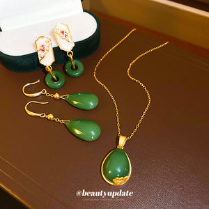Gold Tone Deep Green Teardrop Glass Long Hook Earrings