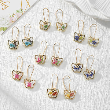 Gold Tone Small Butterfly Pressed Flower Drop Earrings in Seven Designs