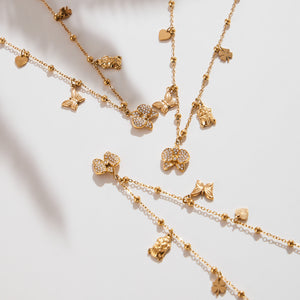 Gold Multi-Charm Satellite Necklace Pavé Bow Butterfly Heart