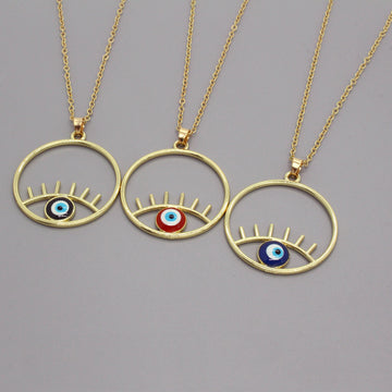 Gold Tone Oversized Round Eyelash Evil Eye Pendant Necklaces