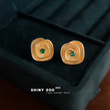 Gold Textured Swirl Square Green Crystal Stud Earrings Pair