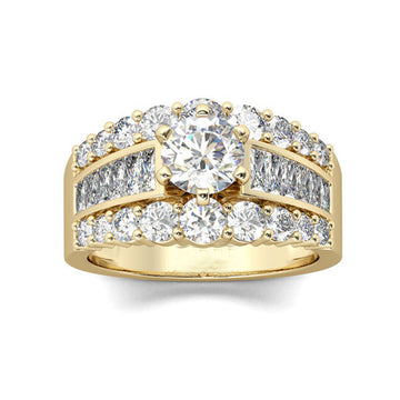 Round Clear Solitaire Baguette Multi-Row Wide Ring Gold Tone