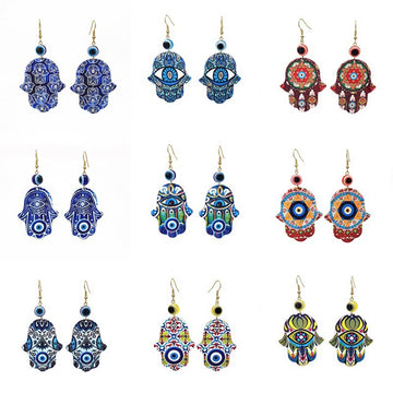 Gold Tone Printed Acrylic Hamsa Hand Evil Eye Hook Earrings in Eleven Designs