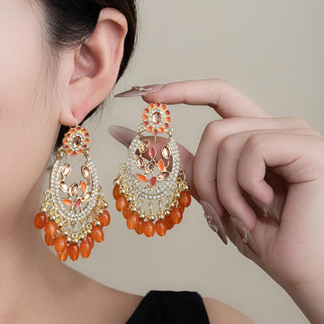 Orange Beaded Ornate Gold Tone Chandelier Earrings