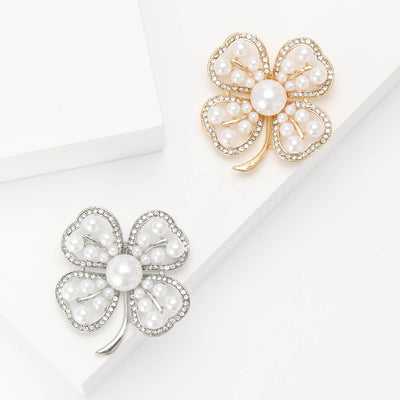 Pearl Four Leaf Clover Brooch front view