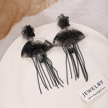 Black Ink Flower Fan and Chain Fringe Stud Earrings