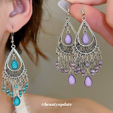 Openwork Teardrop Chandelier Hook Earrings in Purple and Blue