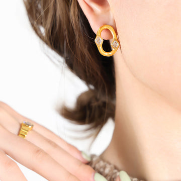 Gold Steel Geometric Oval Earrings Dual Square Stones