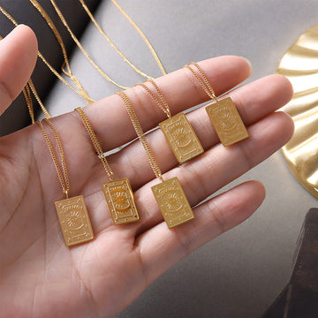 Rectangular Sunburst Pendant Necklace Gold Steel Rose Gold Tags