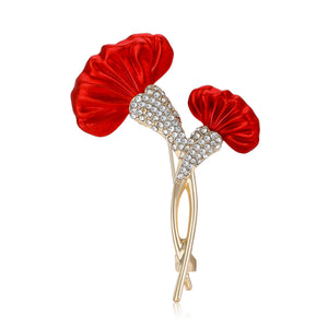 Gold-Tone Red Enamel Dual Carnation Brooch with Clear Stones