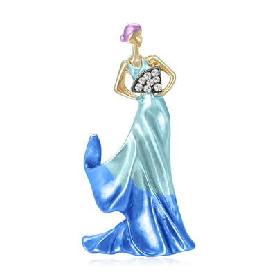 Front view of stylized dancing lady in a flowing gradient enamel dress