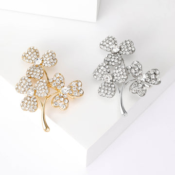 Crystal Clover Branch Brooch in Gold or Silver Tone