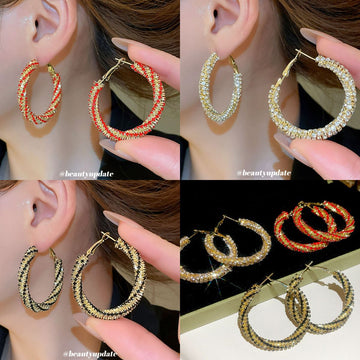 Black Crystal Twisted Gold Tone Hoop Earrings Statement Jewelry