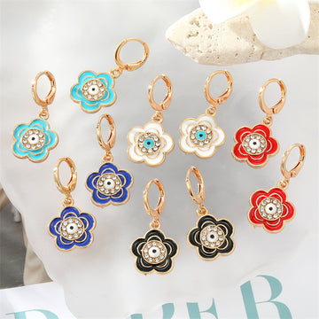 Gold Enamel Flower Evil Eye Huggie Hoop Earrings Five Colors
