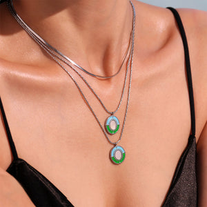 Steel Shell Enamel Round Pendant Necklace Blue Green