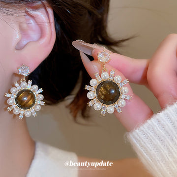 Brown Cabochon Crystal Flower Stud Earrings Statement Fashion Jewelry