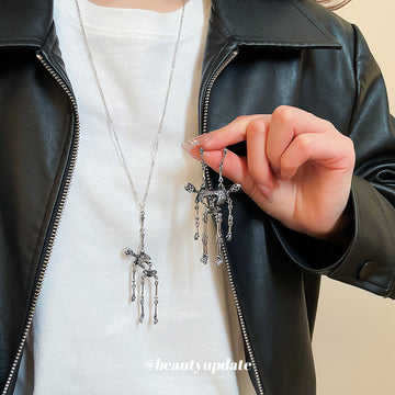 Silver Articulated Skeleton Drop Earrings and Pendant Necklace