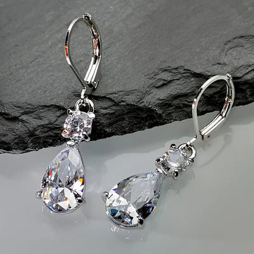 Silver Teardrop CZ Leverback Drop Earrings Clear Stone