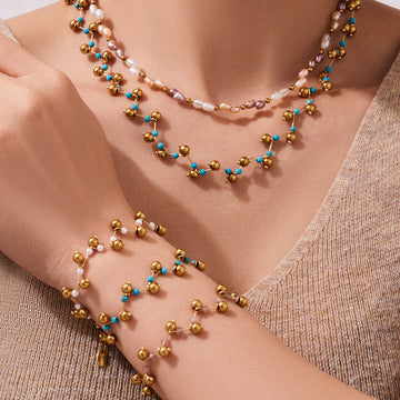 Gold Bead Stone Necklace Bracelet Set Ten Stone Options