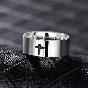Steel Tone Black Cross Band Ring Minimalist Sizes 6-13