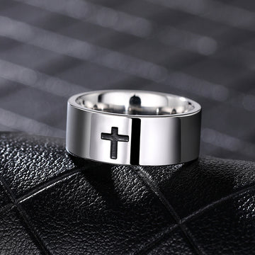 Steel Tone Black Cross Band Ring Minimalist Sizes 6-13