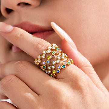 Gold Steel Open Bubble Bezel Crystal Rings Clear Multicolor