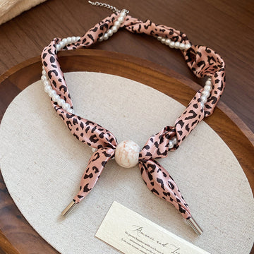 Leopard Print Scarf Tie Beaded Necklace with Bow Detail