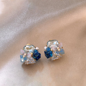 Blue Floral Cluster Stud Earrings with Faux Pearls, 18K Gold Electroplated