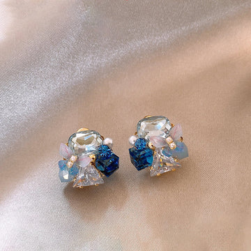 Blue Crystal Floral Cluster Stud Earrings Fashion Jewelry