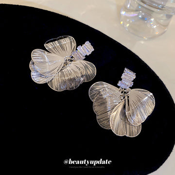 Silver Tone Layered Open Petal Statement Stud Earrings