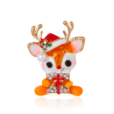 Front product view of the christmas reindeer brooch pin in gold and red
