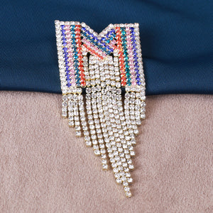 Rainbow Letter M Fringe Brooch, Alloy, Cascading Stone Strands