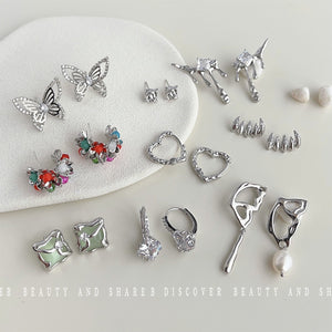 Silver Assorted Star Heart and Hoop Earrings Nine Styles