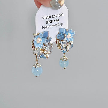 Blue Floral Crystal Drop Stud Earrings Fashion Jewelry for Women