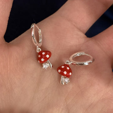 Colorful Square Stud and Red Mushroom Hoop Earrings