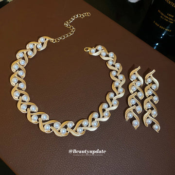 Gold Geometric Wave Pearl Necklace Drop Earrings Set