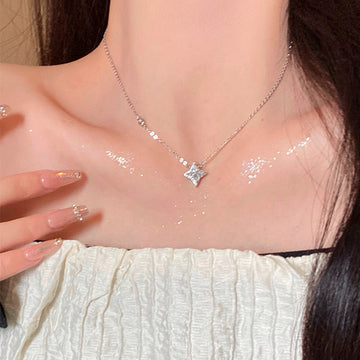 Silver Four Point Crystal Star Pendant Chain Necklace